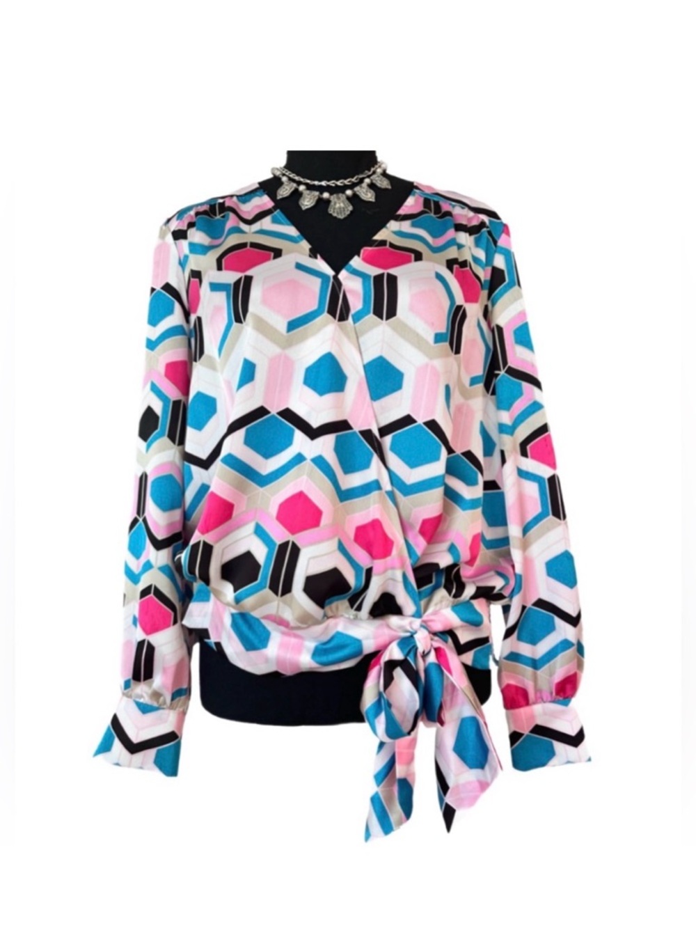 INC ~ International Concepts Blue/Black/White/Pink Geometric Drop Waist Blouse
